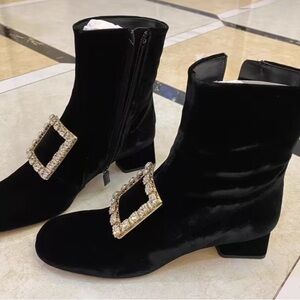 Roger Vivier Velvet Black Booties with Gold Buckle